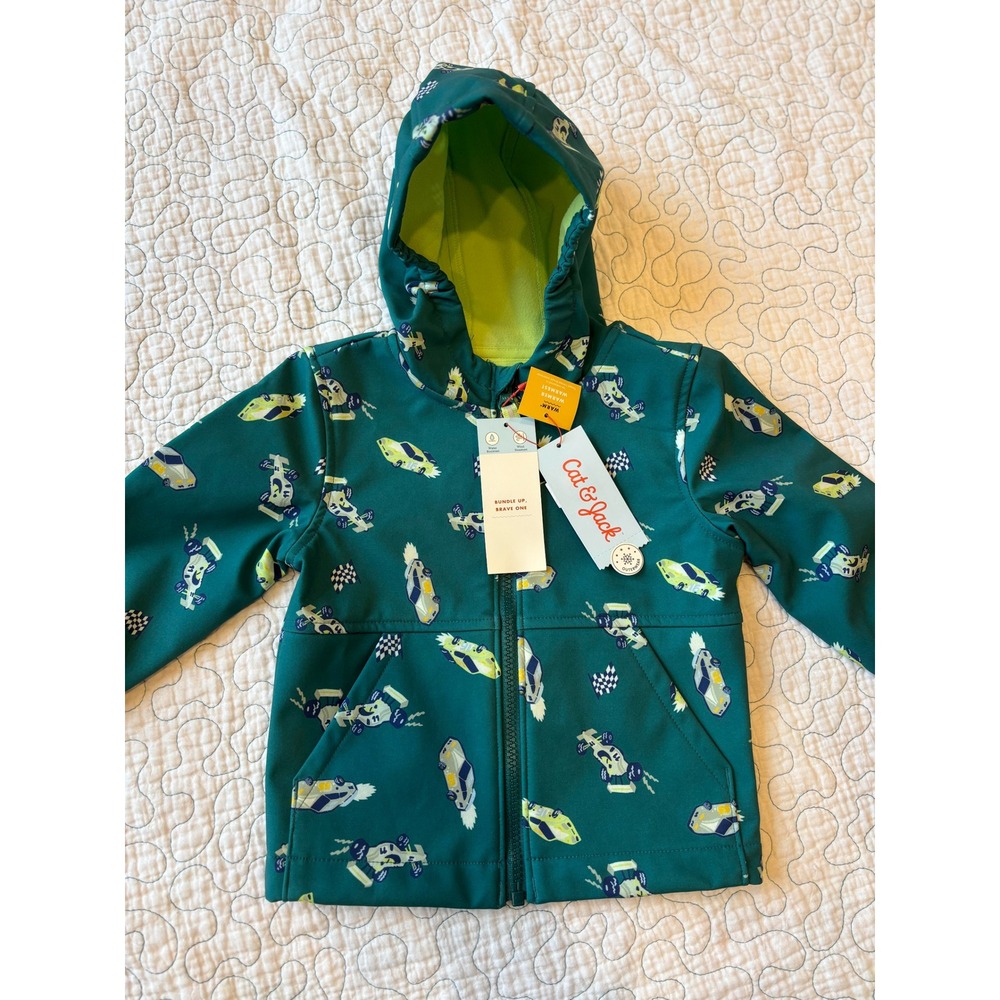 Cat & Jack Boys Green Race Car Softshell Jacket Wind Water Resistant 18 Months